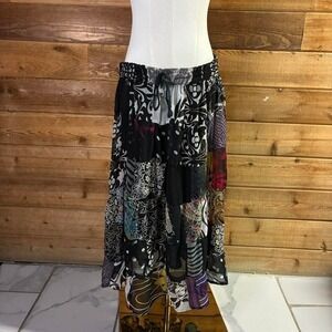 Y2K women's Black and grey patchwork midi skirt with stretchy waistband